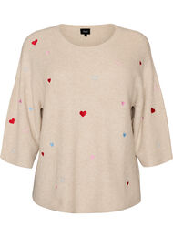 Strikbluse med hjerter og 3/4 &aelig;rmer, Beige