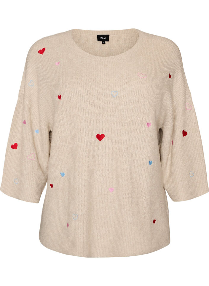 Strikbluse med hjerter og 3/4 &aelig;rmer, Beige, Packshot image number 0