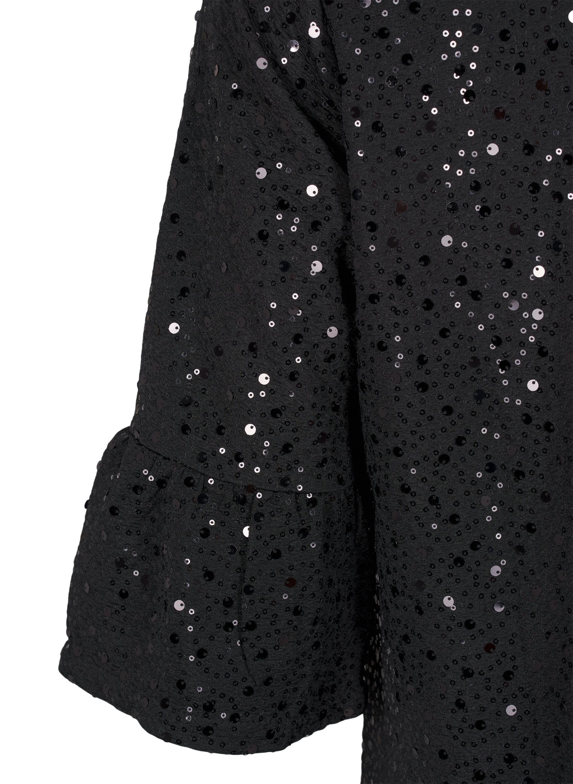 Zizzi Pailletkjole med V-udsk&aelig;ring og 3/4 &aelig;rmer, Black w. Bl. Sequins, Packshot image number 3