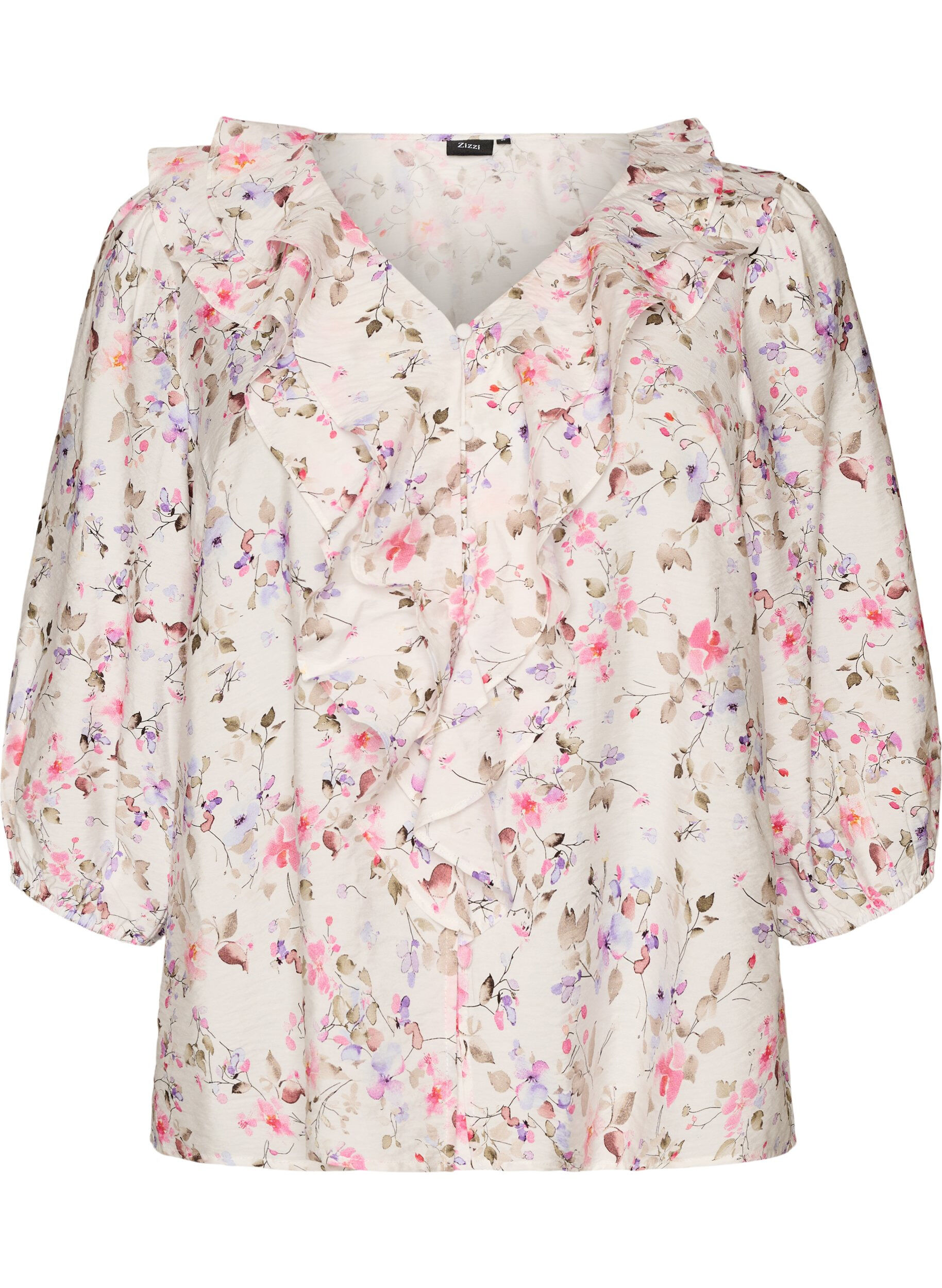 ZizziSkjortebluse i viskose med blomsterprint og 3/4 &aelig;rmer, Vanilla, Packshot image number 0
