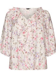 Skjortebluse i viskose med blomsterprint og 3/4 &aelig;rmer, Vanilla