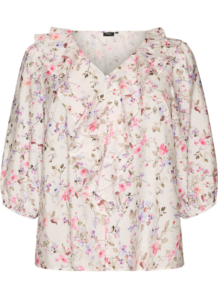 Skjortebluse i viskose med blomsterprint og 3/4 &aelig;rmer, Vanilla, Packshot image number 0