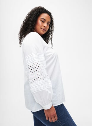 Bluse med lange ærmer og dekorative detaljer, Bright White, Model image number 3