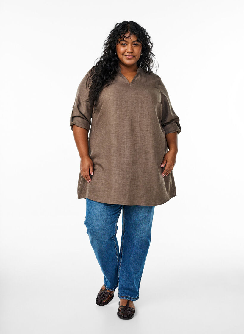 Tunika med V-hals, Brun, Model image number 1