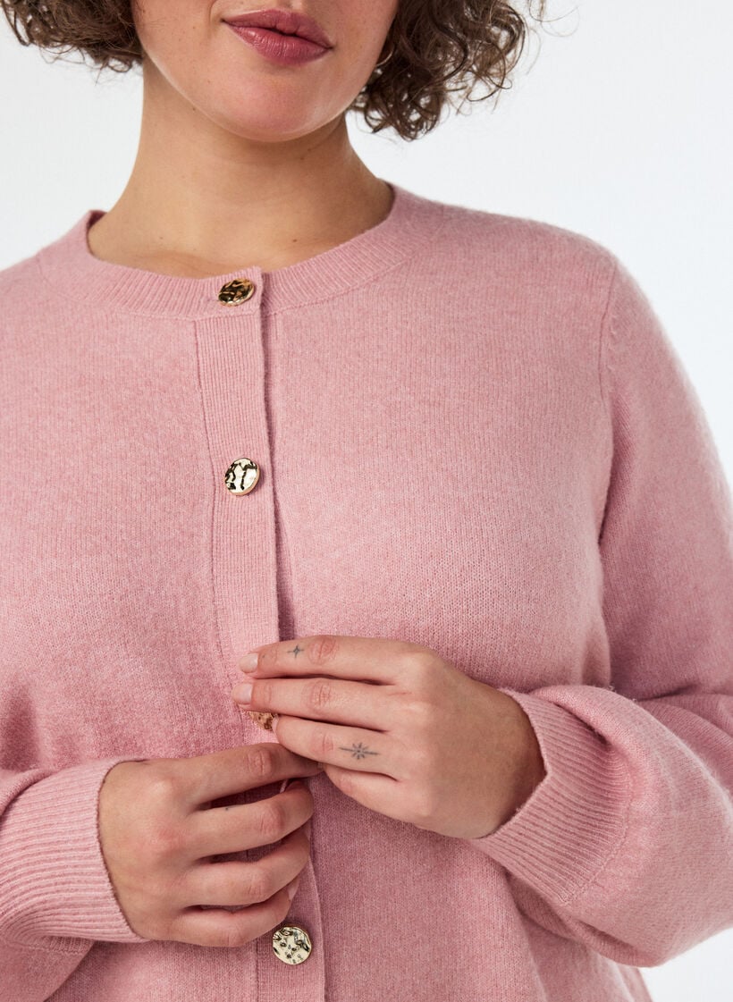 Cardigan i bl&oslash;d strik med guldfarvede knapper, Lyser&oslash;d, Model image number 3