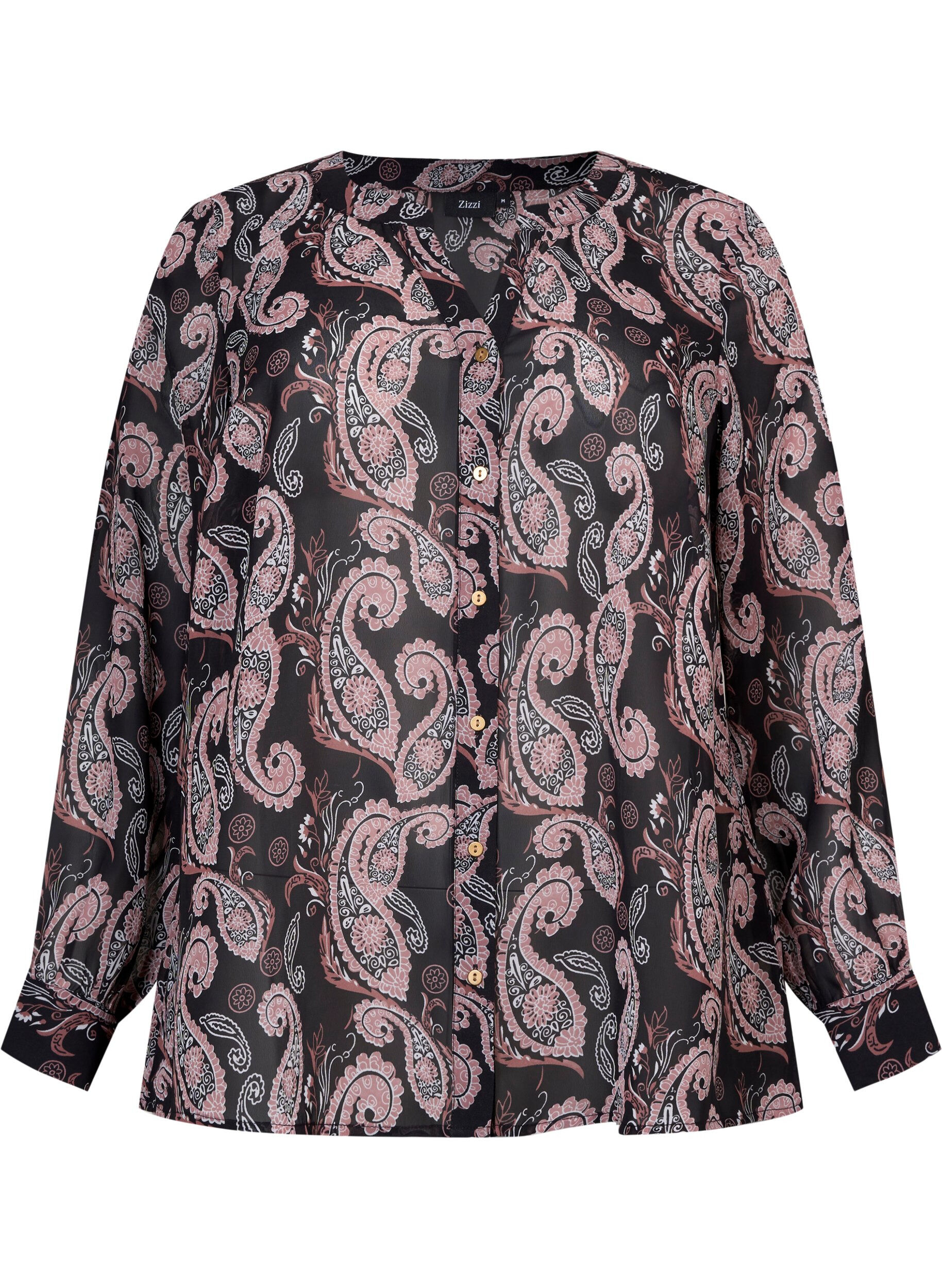 Zizzi Skjorte med v-udsk&aelig;ring og print, Black/Beige Paisley, Packshot image number 0
