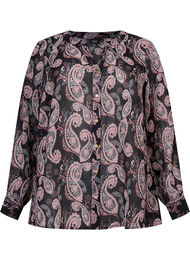 Skjorte med v-udskæring og print, Black/Beige Paisley