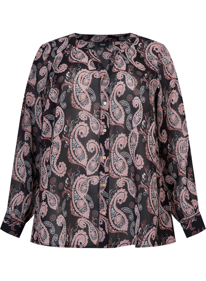 Skjorte med v-udskæring og print, Black/Beige Paisley, Packshot image number 0