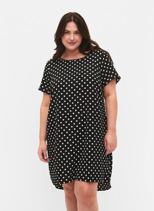 Kjole med print og korte ærmer, Black w. Dots, Model image number 0