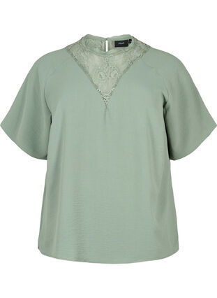 Bluse med korte ærmer og blonder , Lily Pad, Packshot image number 0