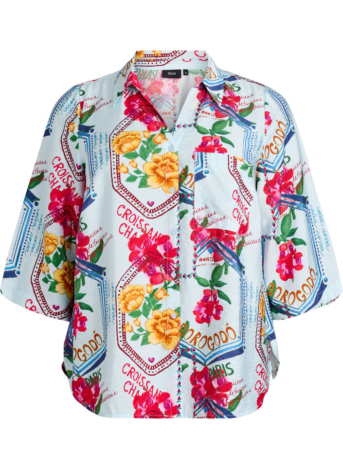 Skjortebluse med albuelange &aelig;rmer og farverigt print, Bl&aring;, Packshot image number 0