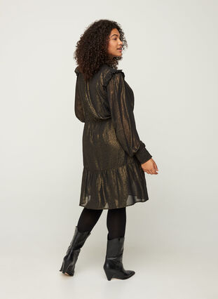 Langærmet kjole med smock og flæser, Black w. Gold, Model image number 1