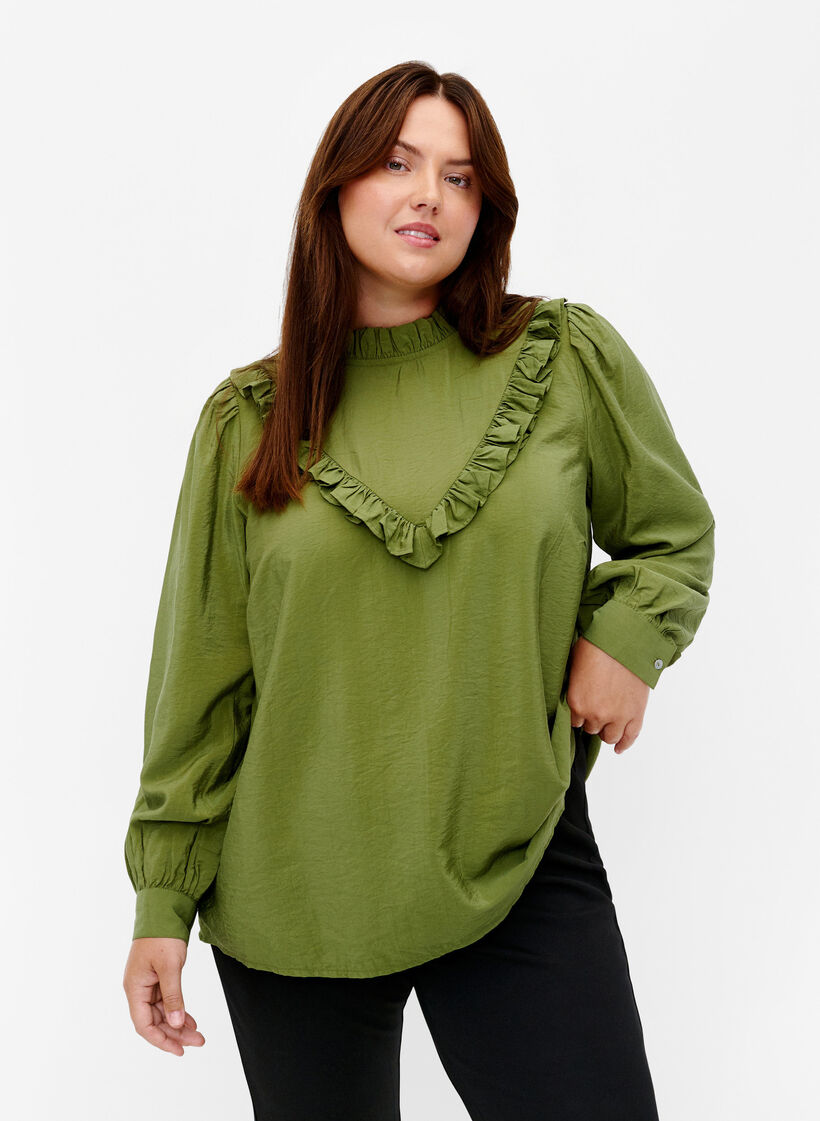Viskosebluse med flæser, Loden Green, Model image number 0