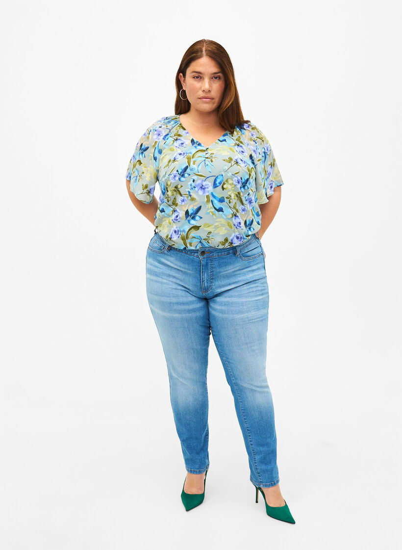 Blomstret festbluse med korte ærmer, Wrought Iron AOP, Model image number 2