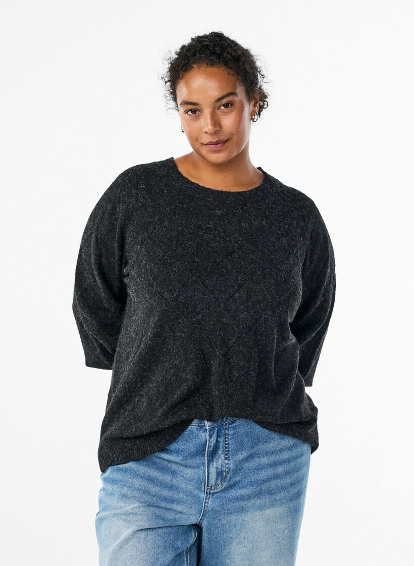 Strikbluse med hulmønster og ballonærmer, Grå, Model image number 0