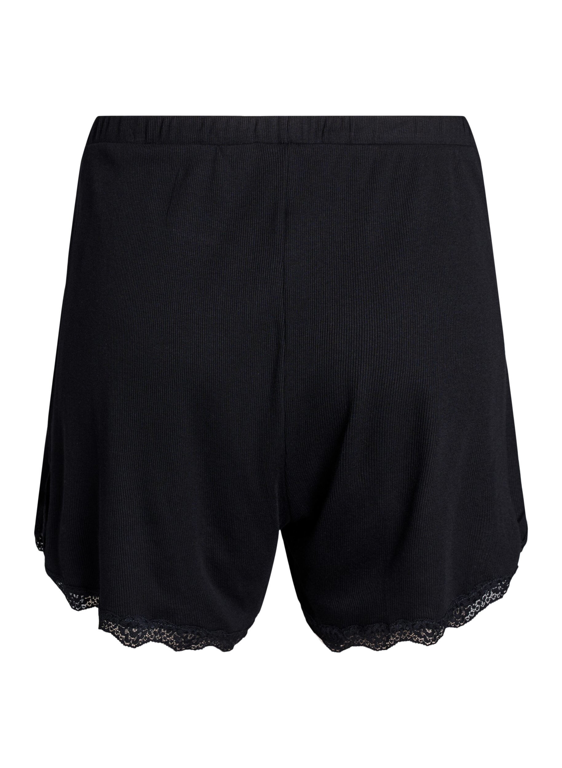 ZizziL&oslash;se natshorts med ribstruktur og blondekant, Sort, Packshot image number 1