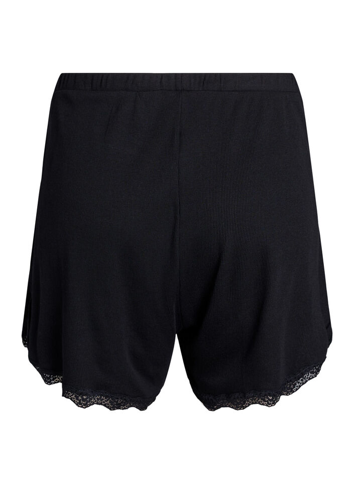 L&oslash;se natshorts med ribstruktur og blondekant, Sort, Packshot image number 1