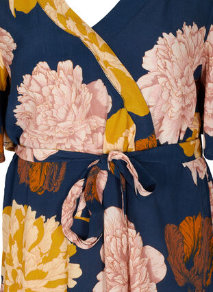 Blomstret viskose tunika med bindebånd, Navy Blazer Flower, Packshot image number 2