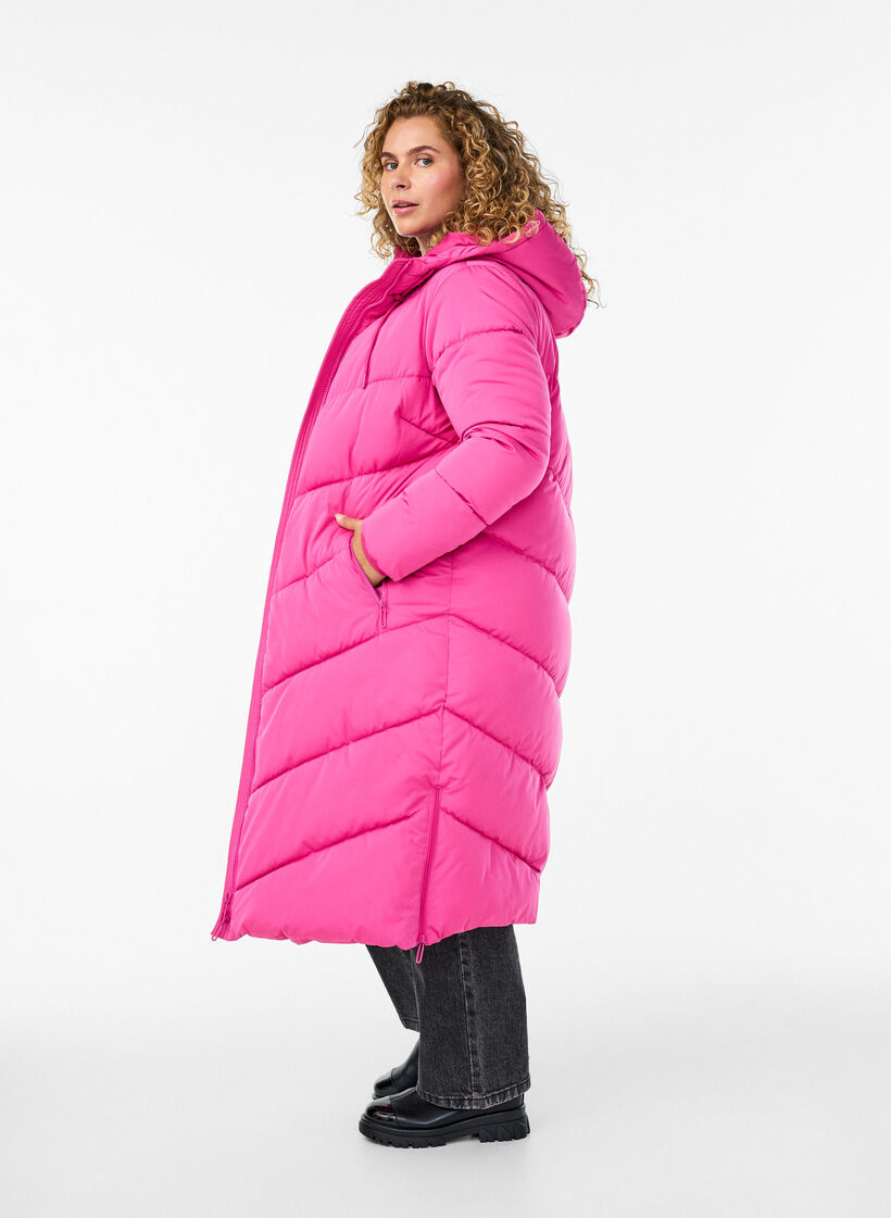 Lang pufferfrakke med h&aelig;tte og lommer , Lyser&oslash;d, Model image number 2