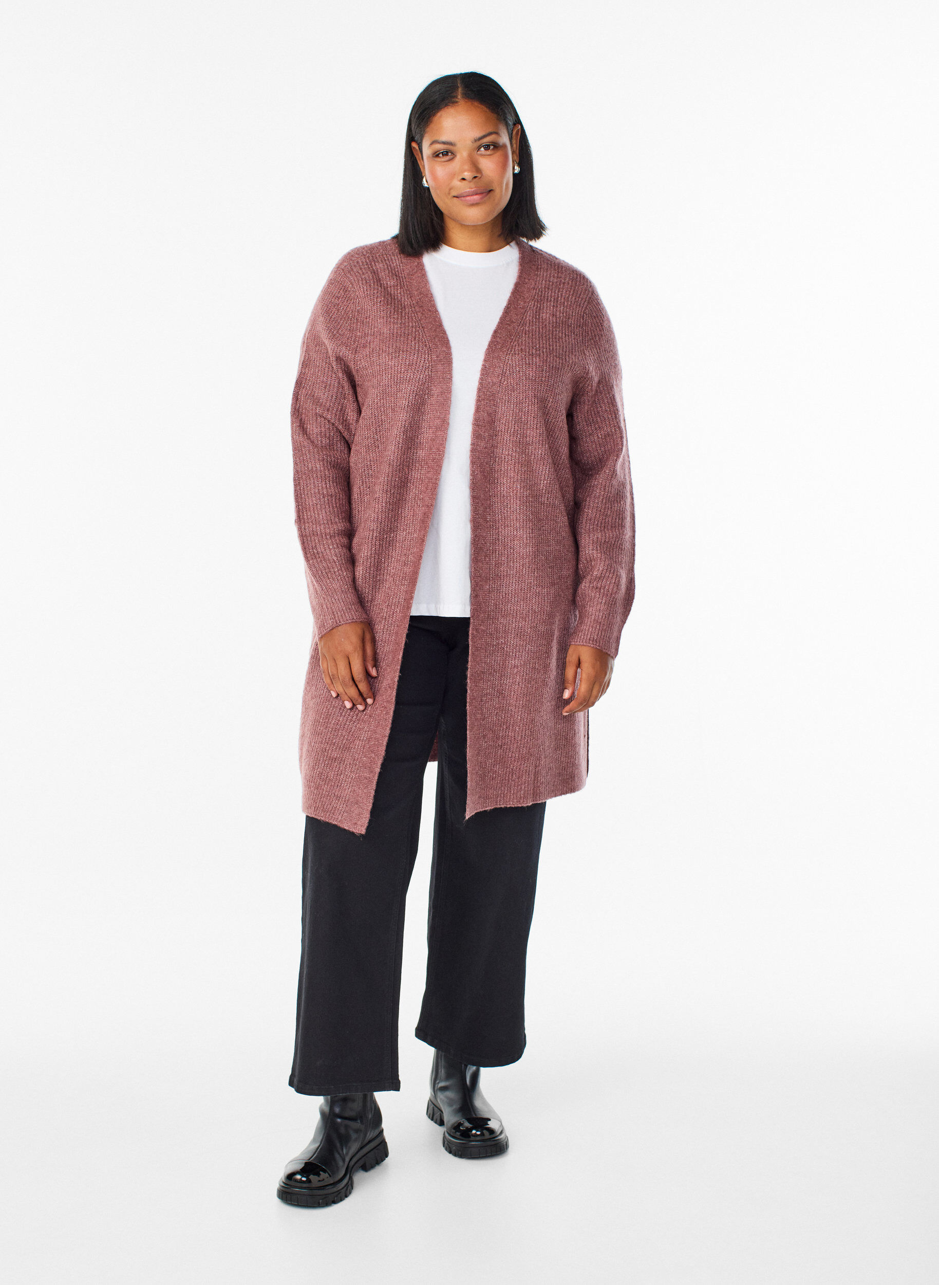 Zizzi Lang ribstrikket cardigan med &aring;ben front, Lyser&oslash;d, Model image number 1