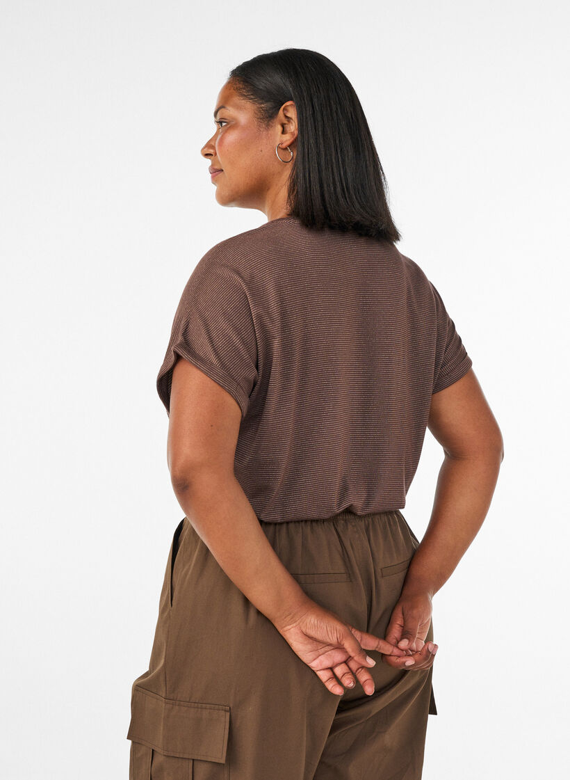 T-shirt i viskose med glimmerstriber, Brun, Model image number 2