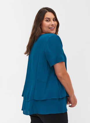 Viskose bluse med 2/4 ærmer og læg, Moroccan Blue, Model image number 1