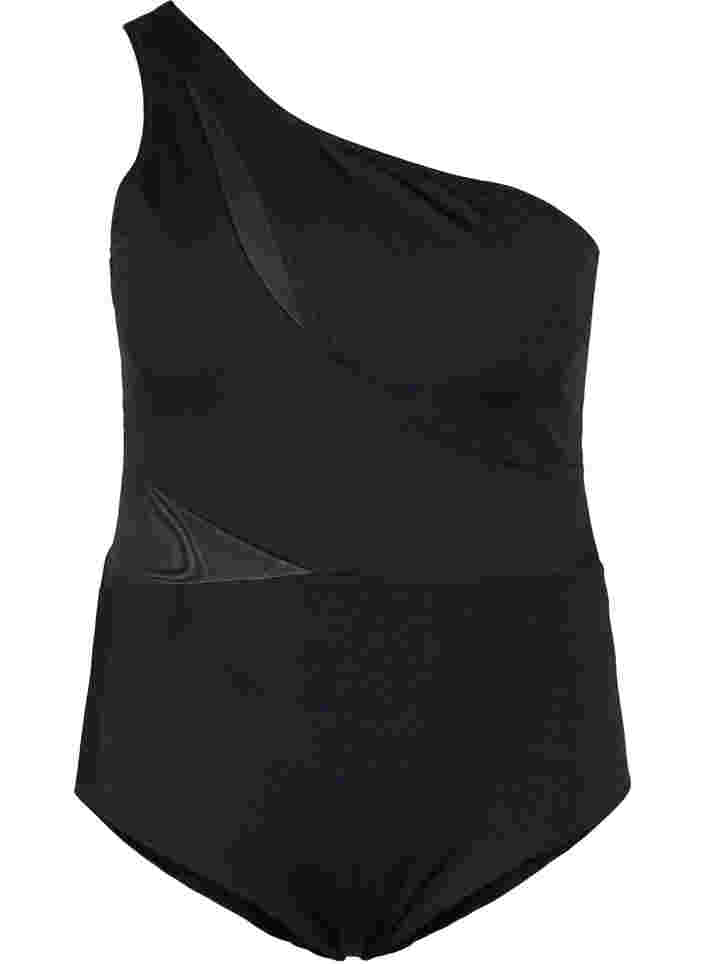One-shoulder badedragt med mesh, Black, Packshot image number 0