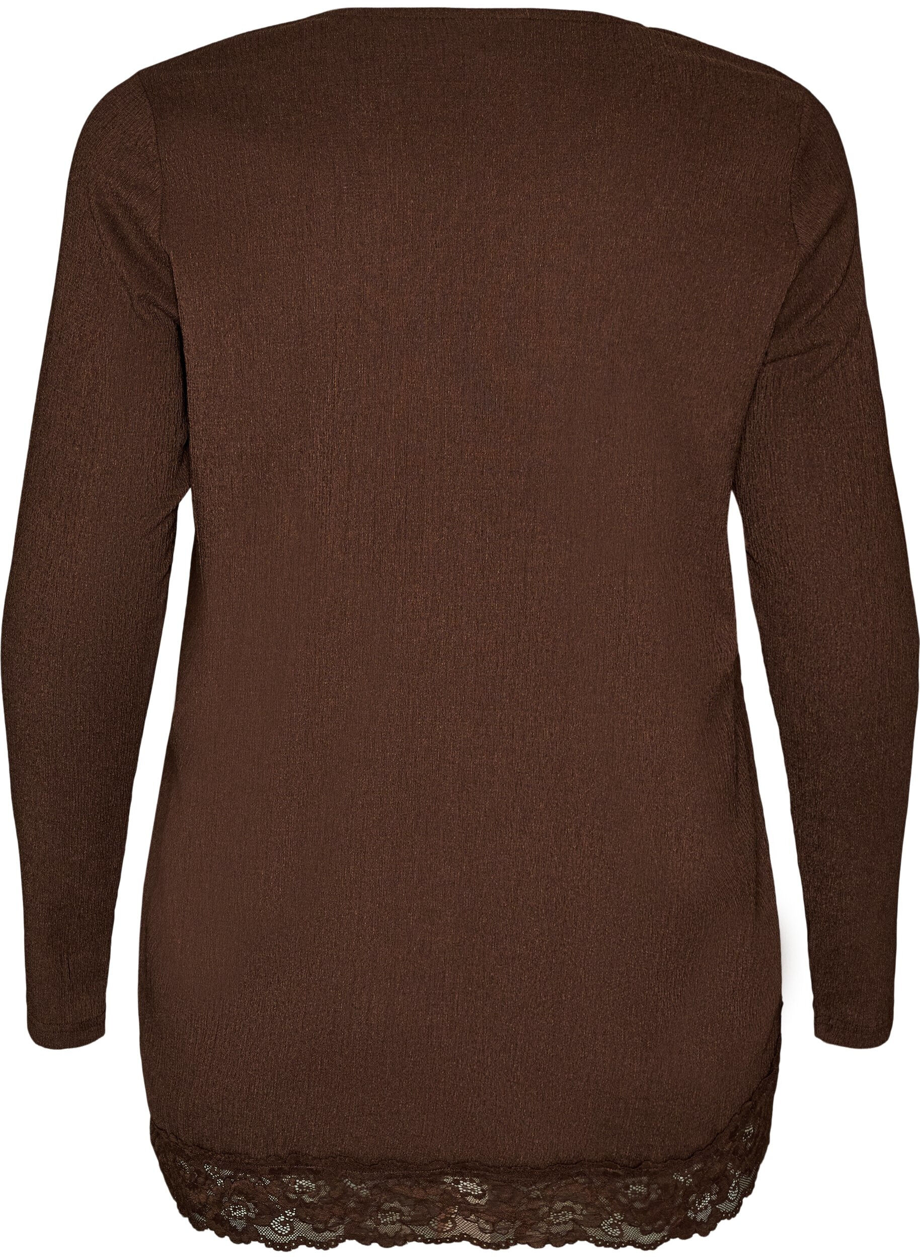 ZizziJerseybluse med asymmetrisk blondekant, Brun, Packshot image number 1