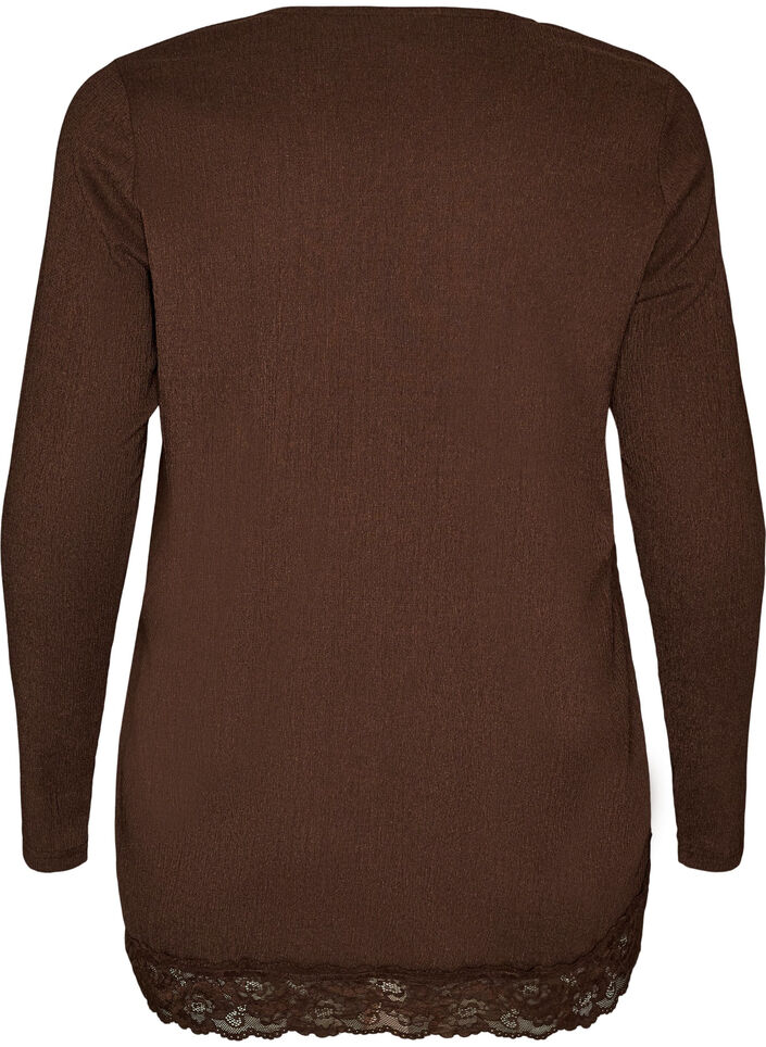 Jerseybluse med asymmetrisk blondekant, Brun, Packshot image number 1