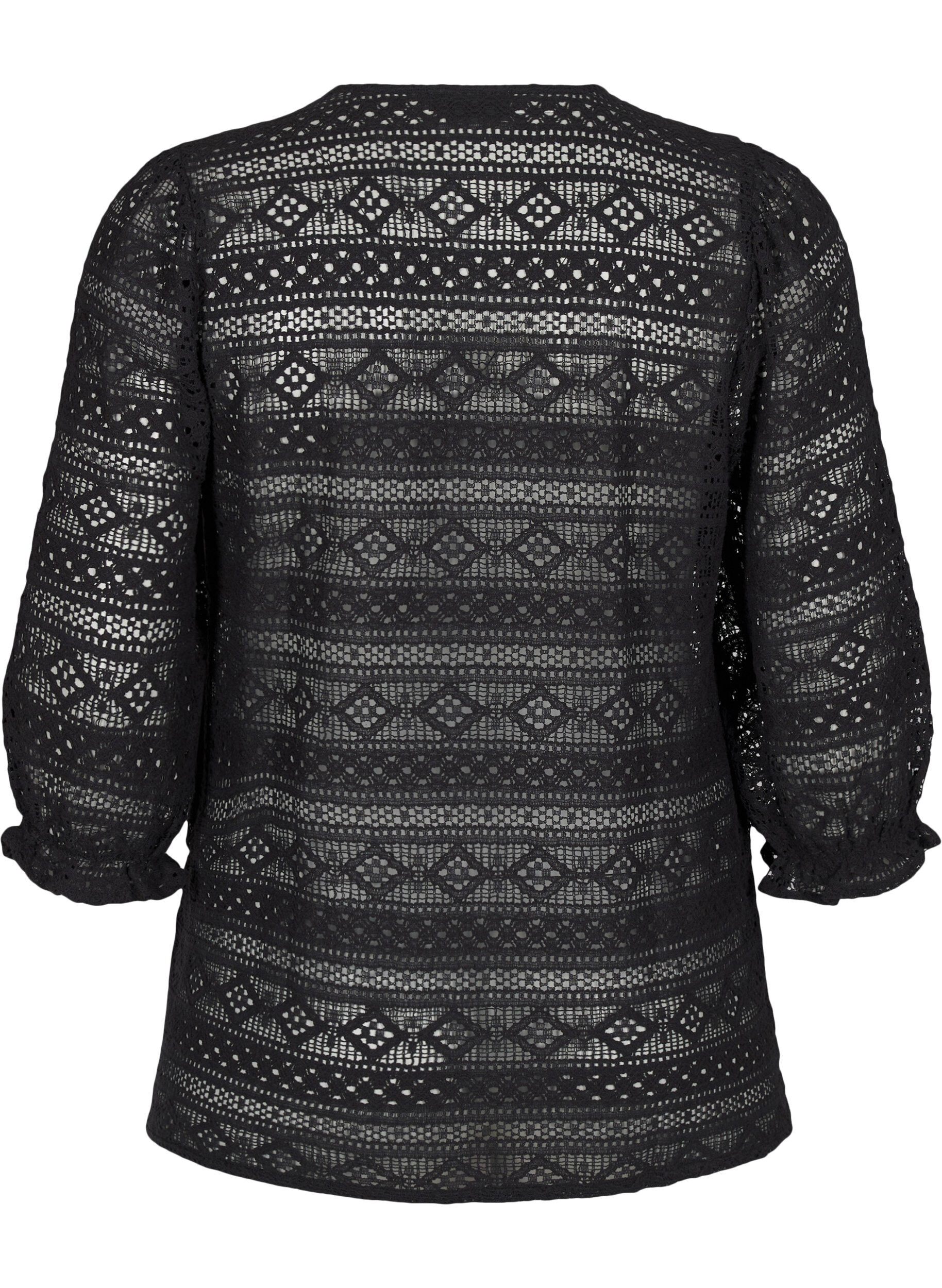 Zizzi Bluse med hulm&oslash;nster og 3/4 &aelig;rmer, Sort, Packshot image number 1