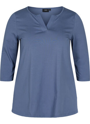 Ensfarvet bomulds bluse med 3/4 ærmer og slids, Vintage Indigo, Packshot image number 0
