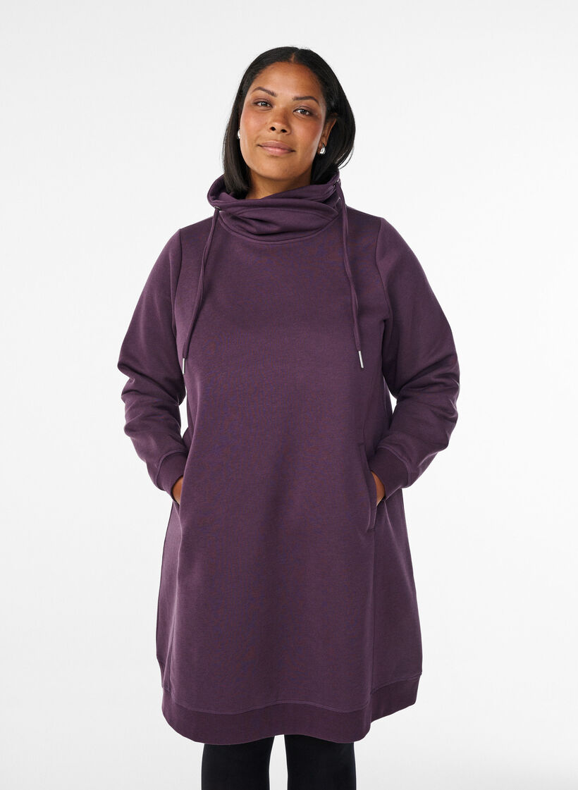 Kort sweatkjole med h&oslash;j krave og lommer, Lilla, Model image number 0
