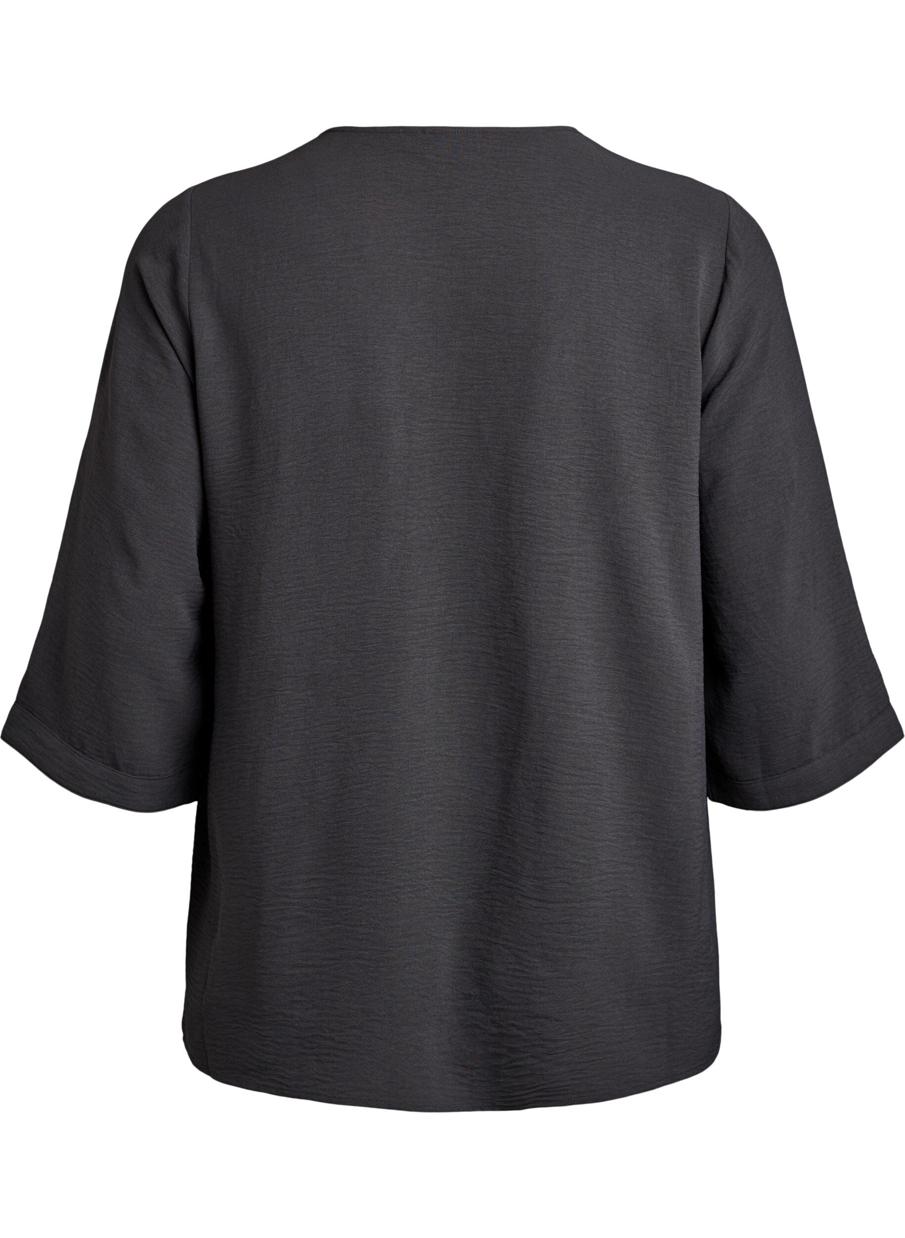 ZizziSkjortebluse med V-udsk&aelig;ring og 3/4-&aelig;rmer, Gr&aring;, Packshot image number 1
