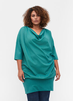 Ensfarvet tunika med 3/4 ærmer, Teal Green Melange, Model image number 0