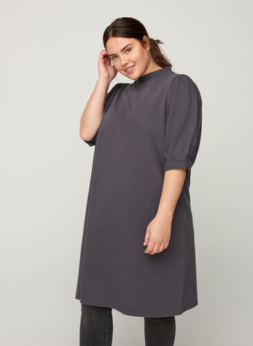 Bomulds kjole med korte pufærmer, Asphalt ASS, Model image number 0