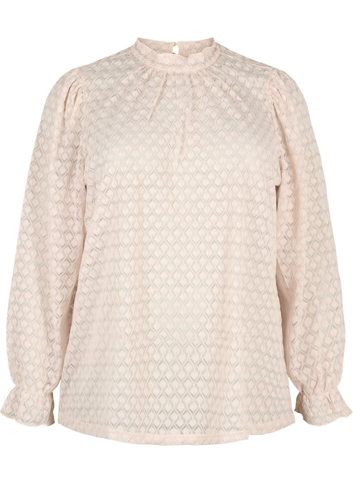 Langærmet bluse med mønstret tekstur, Whisper Pink, Packshot image number 0