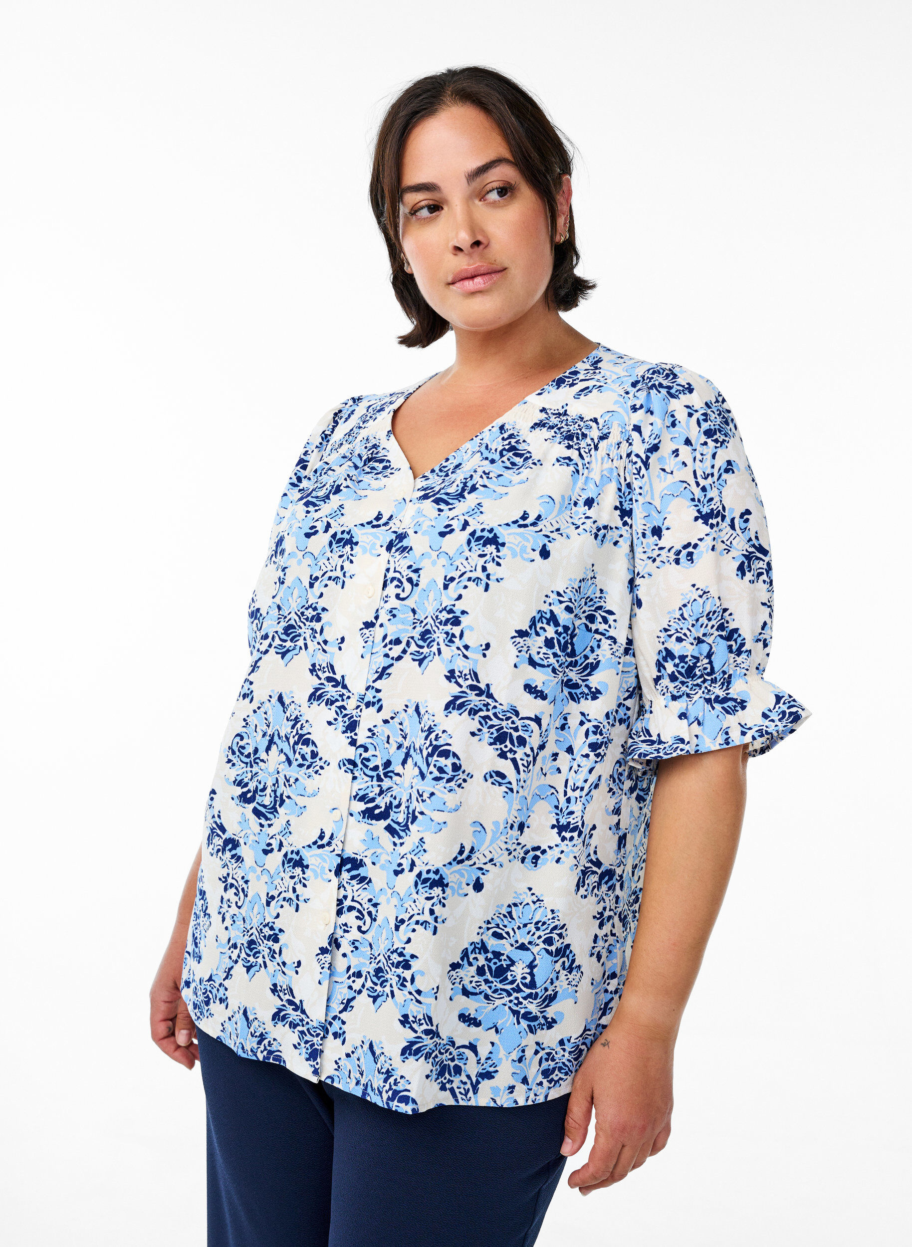 ZizziSkjortebluse med 1/2 &aelig;rmer, Beige, Model image number 0