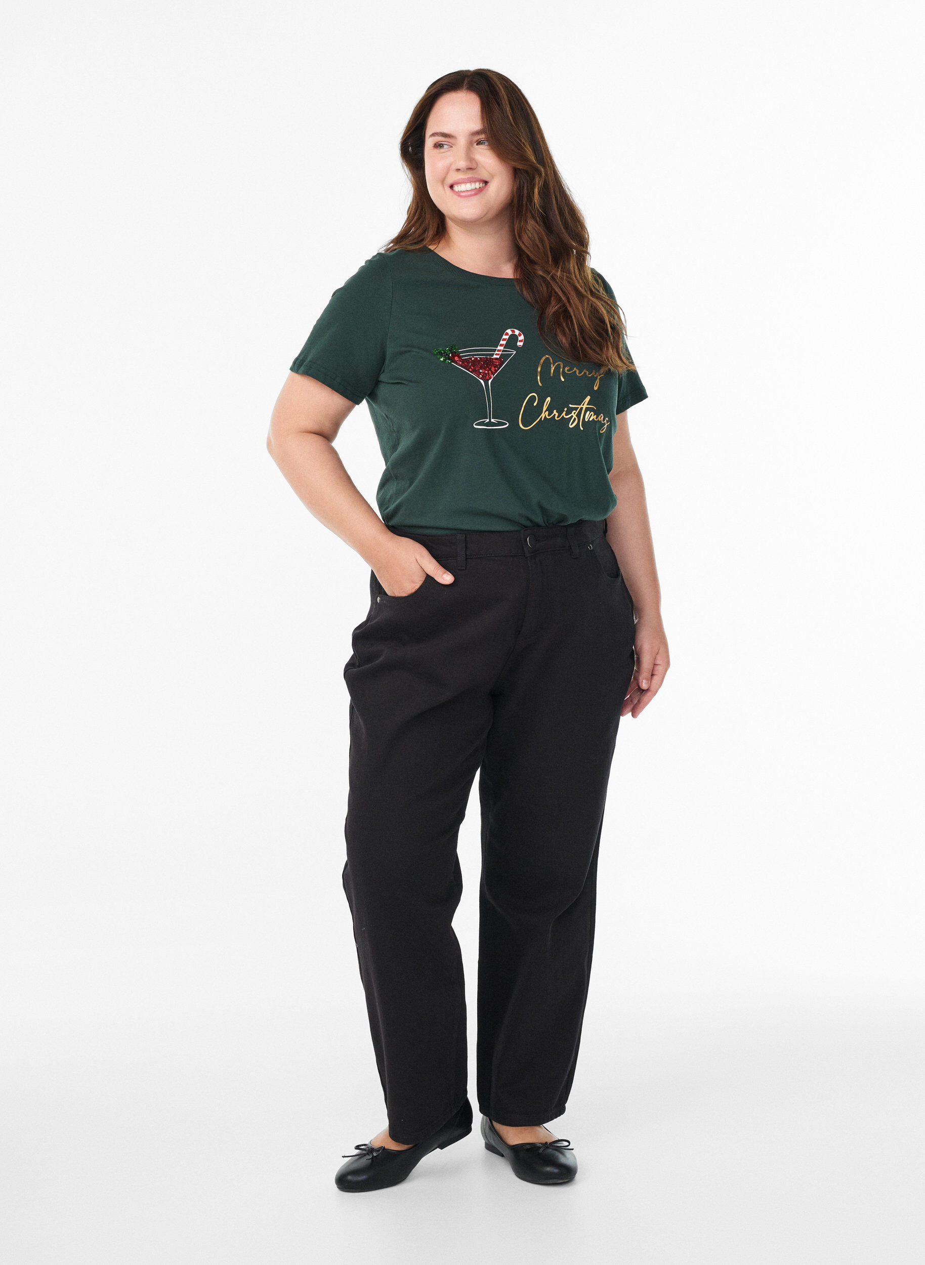 Zizzi Jule t-shirt i &oslash;kologisk bomuld, Gr&oslash;n, Model image number 1