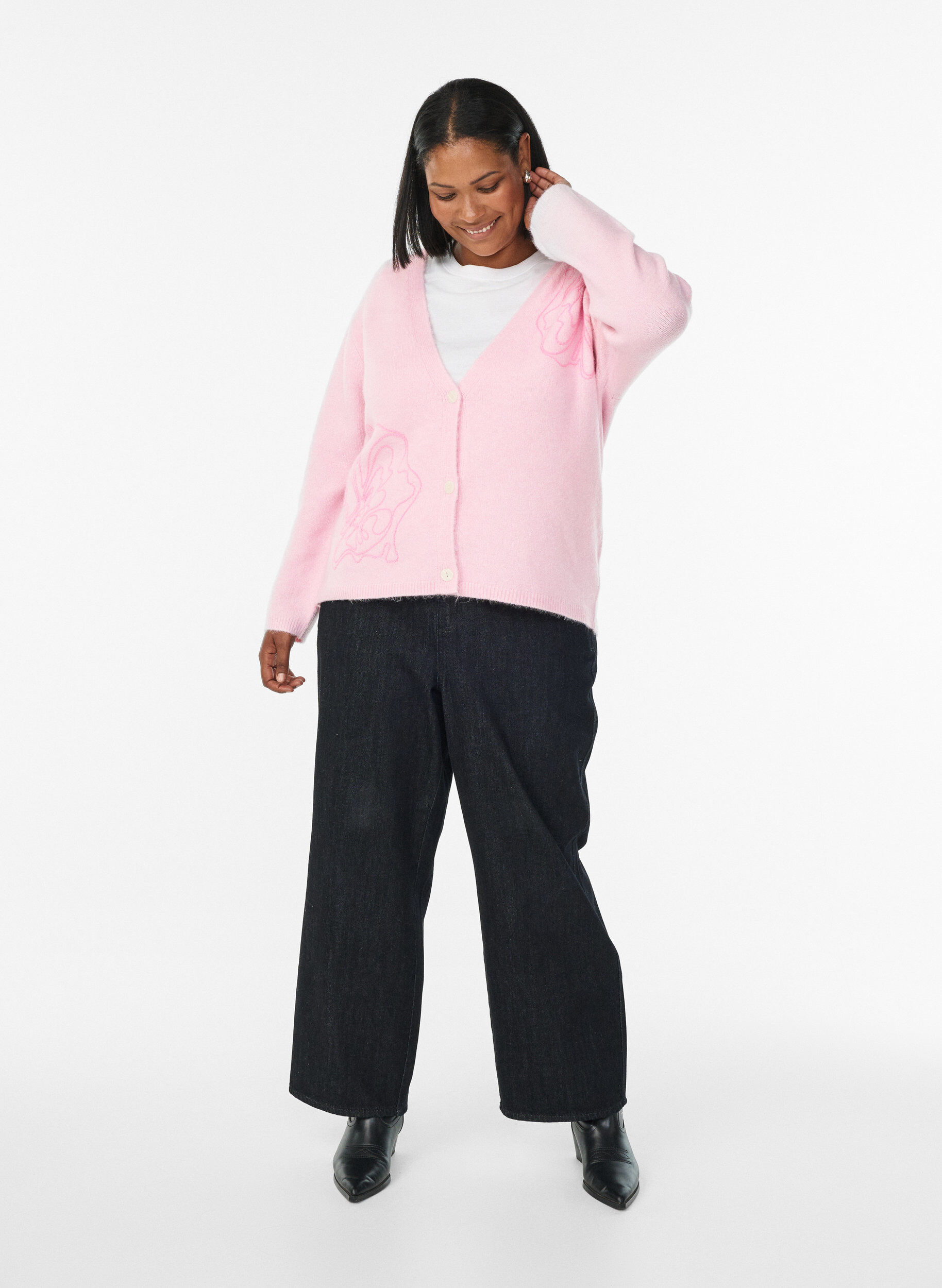 Zizzi Cardigan med V-hals og broderede blomster, Lyser&oslash;d, Model image number 1