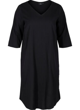 Bomulds kjole med 3/4 ærmer og knapper, Black, Packshot image number 0