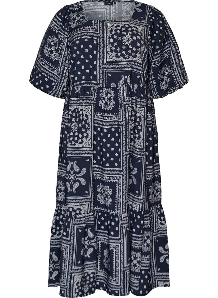 Ankellang kjole i viskose med paisleyprint og korte &aelig;rmer, Bl&aring;, Packshot image number 0