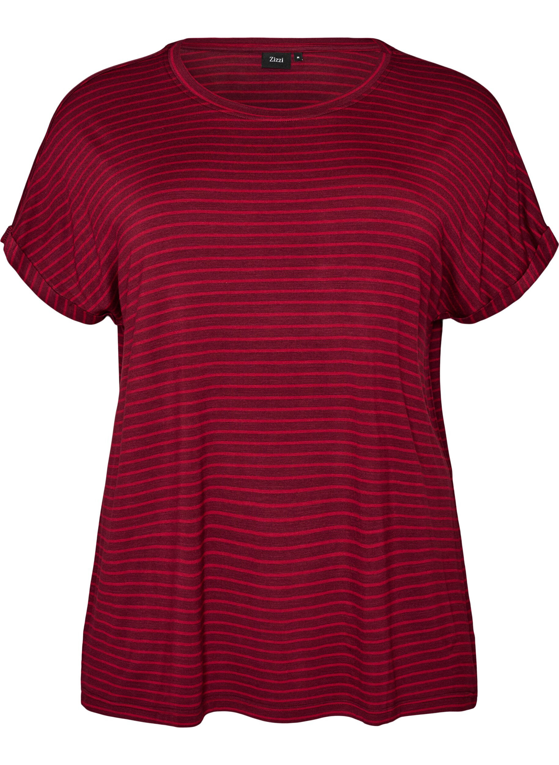 ZizziStribet T-shirt i viskose med rund hals, R&oslash;d, Packshot image number 0