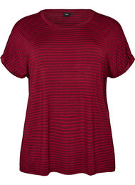 Stribet T-shirt i viskose med rund hals, R&oslash;d