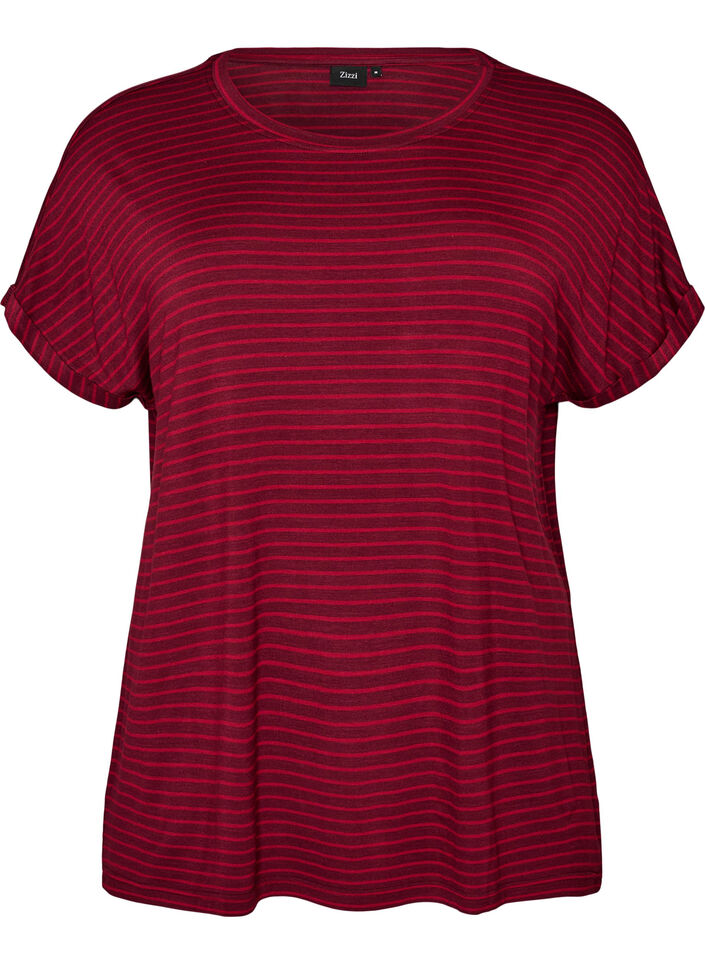 Stribet T-shirt i viskose med rund hals, R&oslash;d, Packshot image number 0