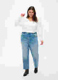 7/8 jeans med rå kanter og høj talje, Light blue denim, Model