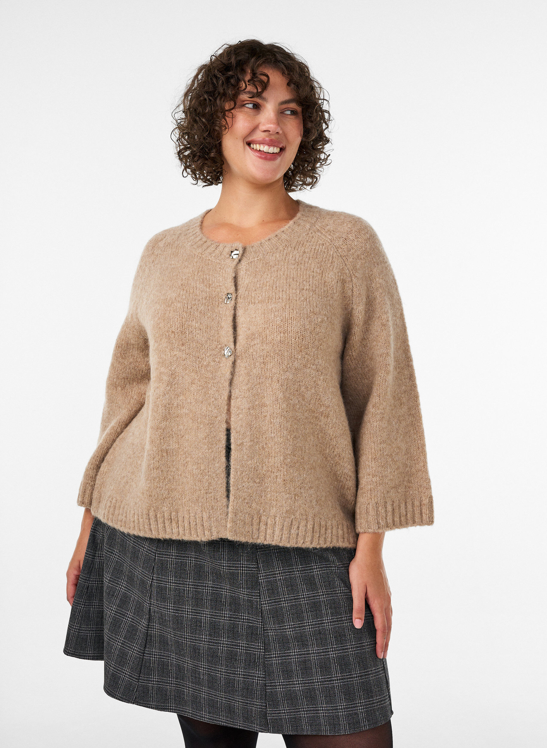 Cardigan i uldblanding med 3/4-&aelig;rmer, Beige, Model