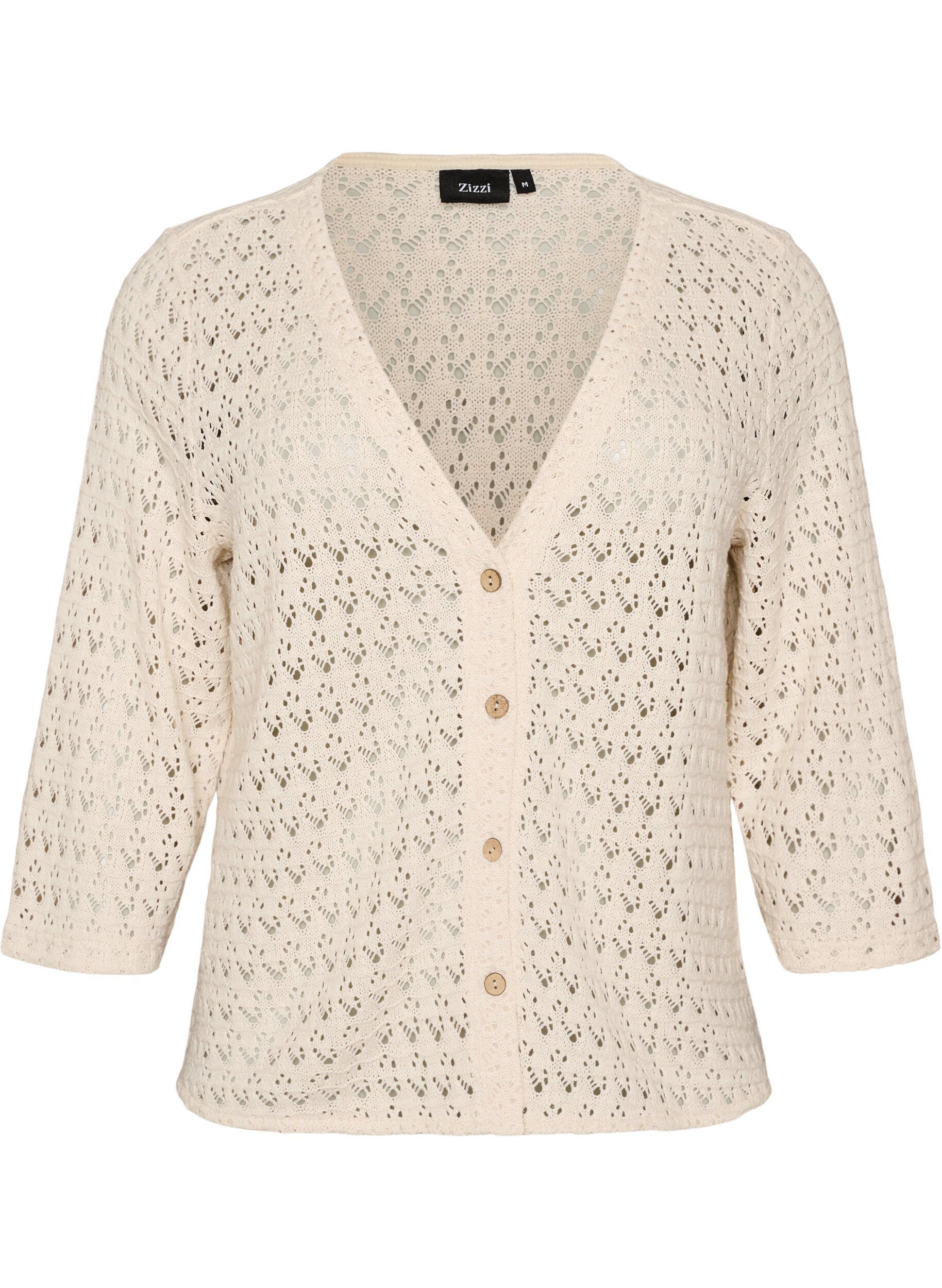 ZizziStrikket cardigan med hulm&oslash;nster og V-udsk&aelig;ring, Beige, Packshot image number 0