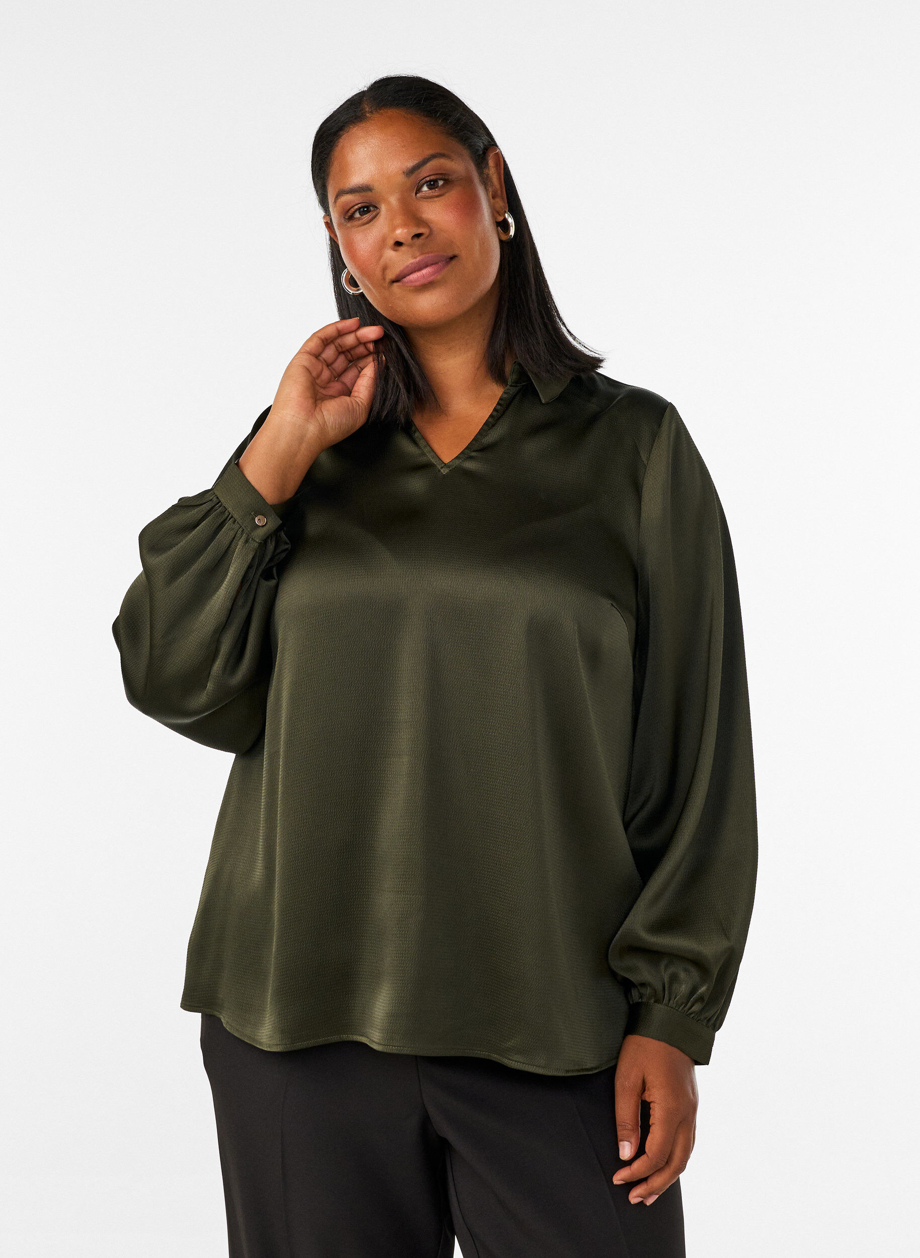 ZizziBluse med skjortekrave og V-hals, Gr&oslash;n, Model image number 0