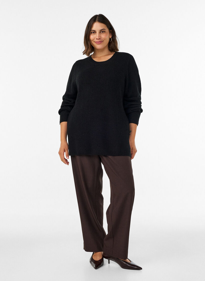 Strikbluse med ribstruktur og knapdetaljer, Sort, Model image number 1
