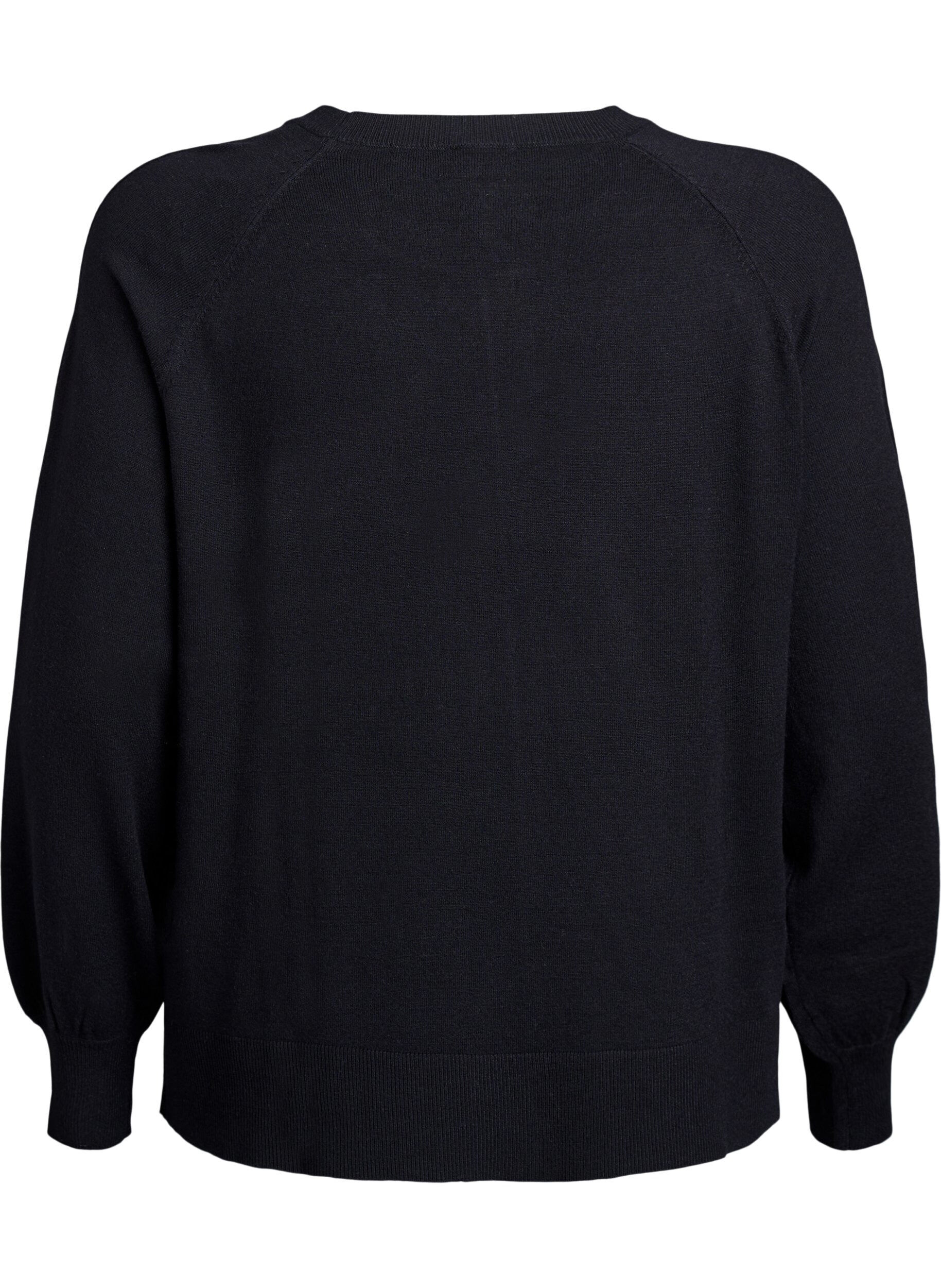 Zizzi Strikbluse med midters&oslash;m og raglan&aelig;rmer, Sort, Packshot image number 1